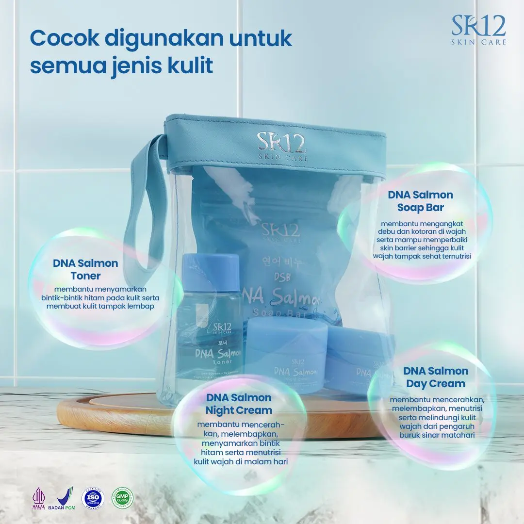 Paket Skincare DNA Salmon SR12 | Soap Bar Toner Cream Day and Night Mencerahkan dan Memperbaiki Skin Berrier