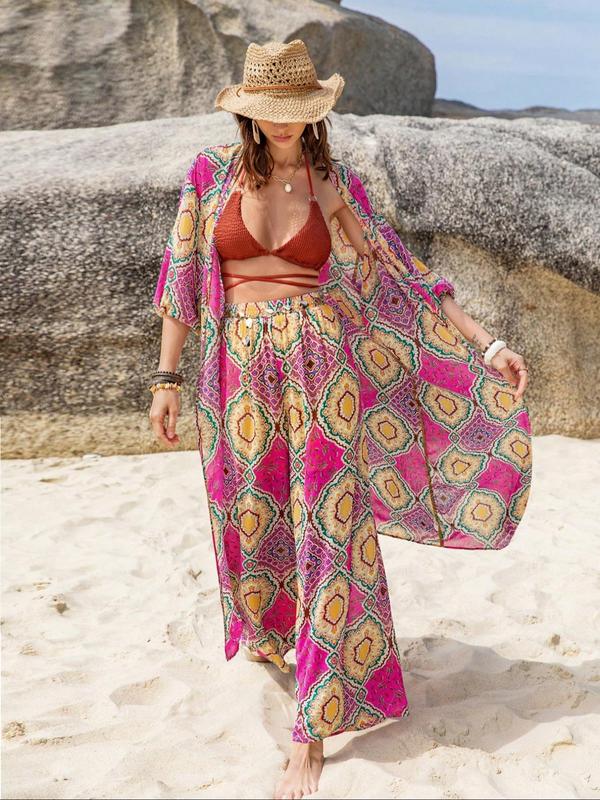 Two-Piece Set Women's Boho Summer Sets, Summer Clothes for Women, Co Ord Set Summer, Ethnic Pattern Kimono & Wide Leg Pants, Summer Outfits 2024, Open Front Top with Palazzo Pants, Two Piece Set Clothing 3