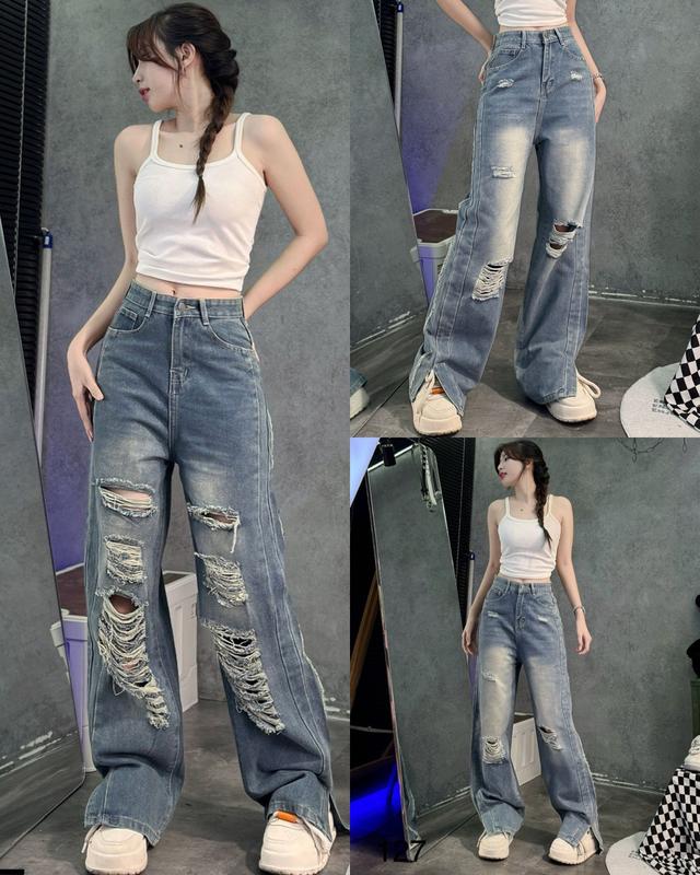 SUÔNG RÁCH QC QUẦN JEANS NỮ DÁNG SUÔNG ỐNG XẺ LAI RÁCH KIỂU MÀI ĐÙI TẠO MẢNG 2 BÊN THỜI TRANG TRẺ TRUNG CÁ TÍNH Pants Ong