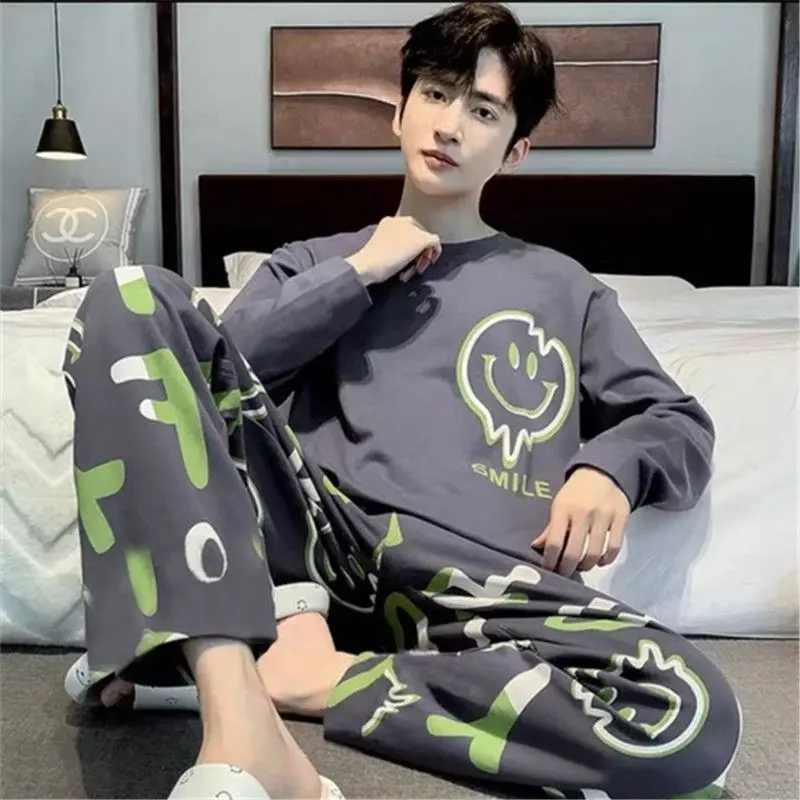 2024 Pajamas Men's Spring and Autumn 2024 New Large Size Casual Long-Sleeved Letters Cute Men's Outerwear Homewear Suit