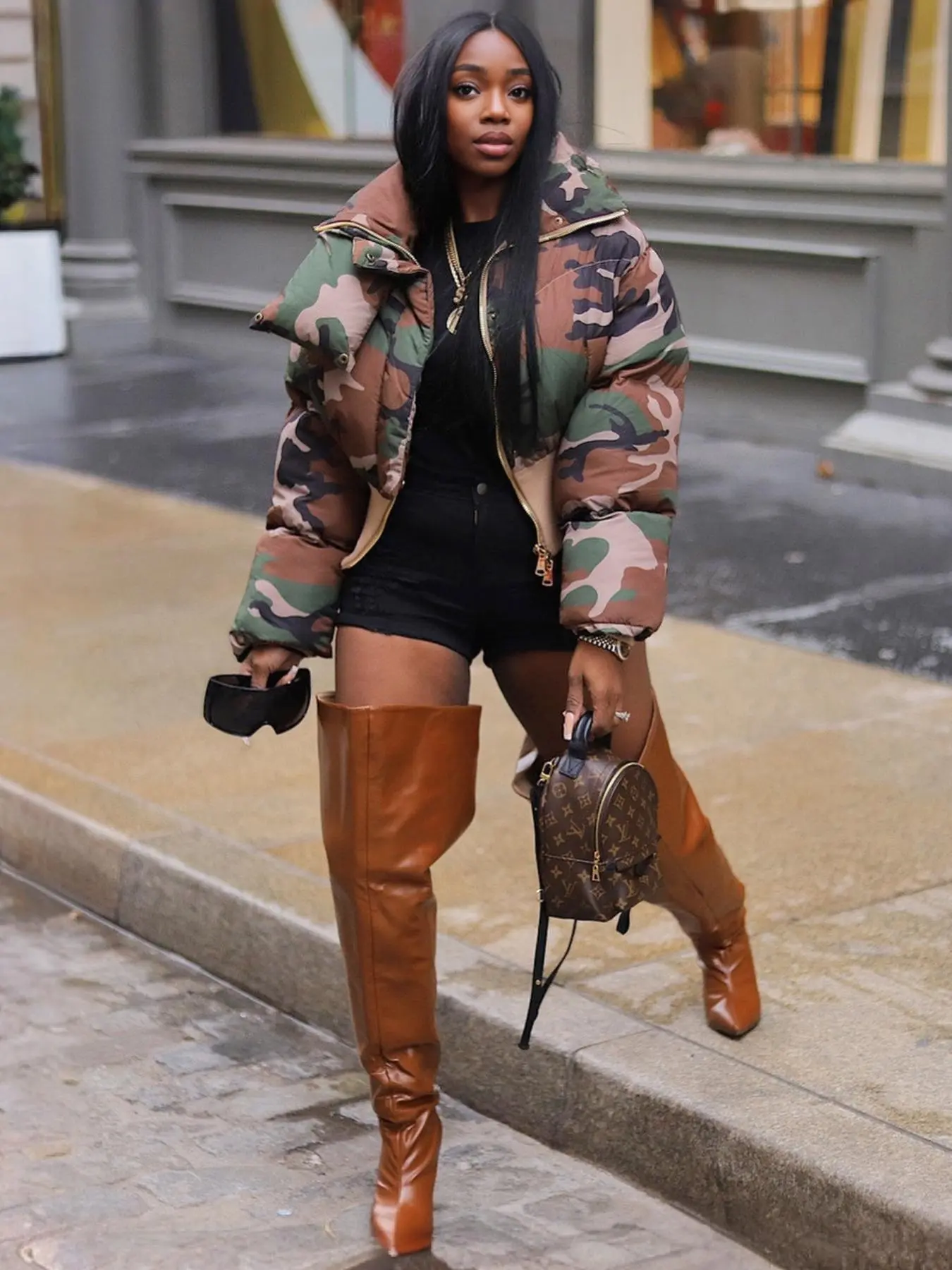 Women's Camo Patchwork Print Zip Up Crop Quilted Jacket, Casual Long Sleeve Stand Collar Outerwear for Fall & Winter, Ladies Clothes for Daily Wear