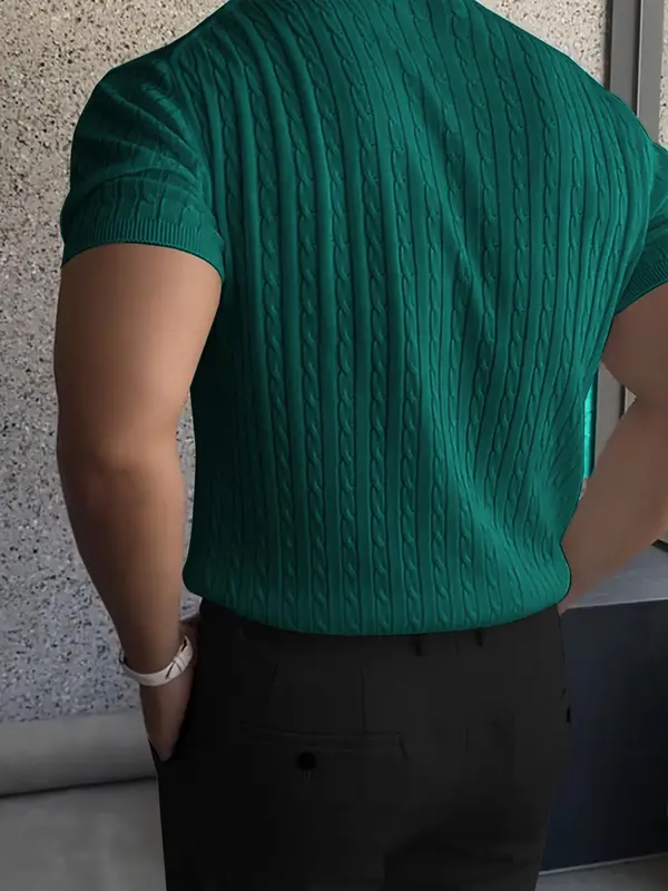 Men's Slim Textured Round Neck Crewneck Cable Knit Top, Casual Short Sleeve Knitwear for Summer, Menswear for Daily Wear 7