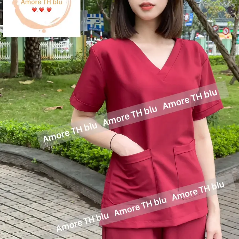 Bộ Scrubs cao cấp cotton Hàn  bác sĩ, blouse cổ tim, đồng phục điều dưỡng, Spa, thẩm mỹ viện, dược sĩ. 3