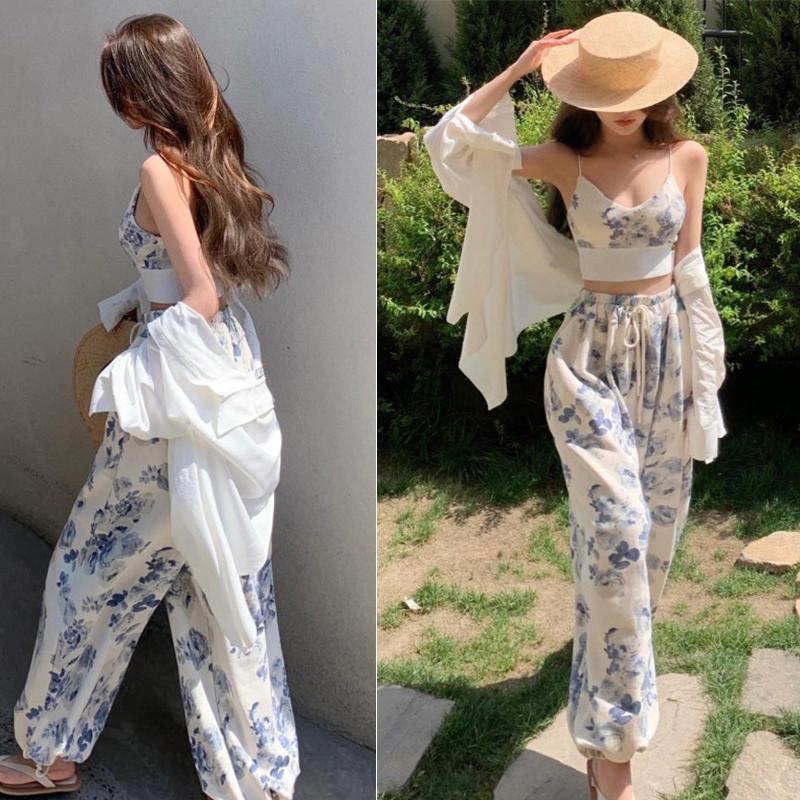 Women 2 Pieces Temperament Outfits, Floral Print V-Neck Spaghetti Strap Camisole + Drawstring Elastic Waist Long Pants Set 7