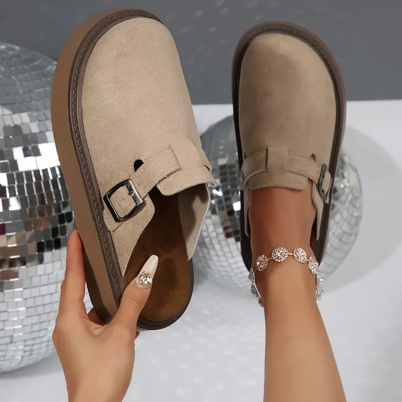 New Women's Mules Flat Sole Slipper Apricot Velvet Thick Bottom Heightening Casual Comfortable Four Seasons Style Girl Footwear
