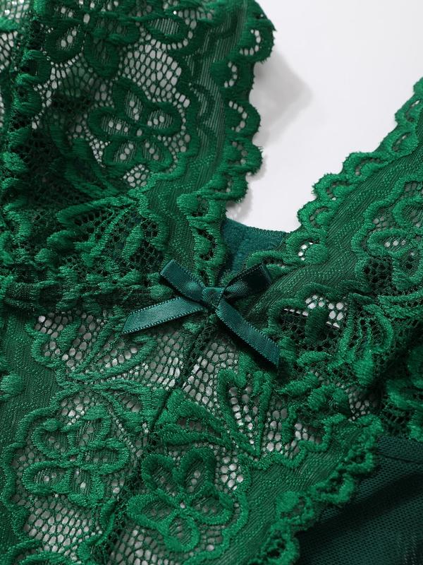【Plus Size】 Floral Lace V Neck Backless Cami Bodysuit, Elegant Contrast Lace Spaghetti Strap Bodysuit for Women, Women's Sleepwear for All Seasons 3