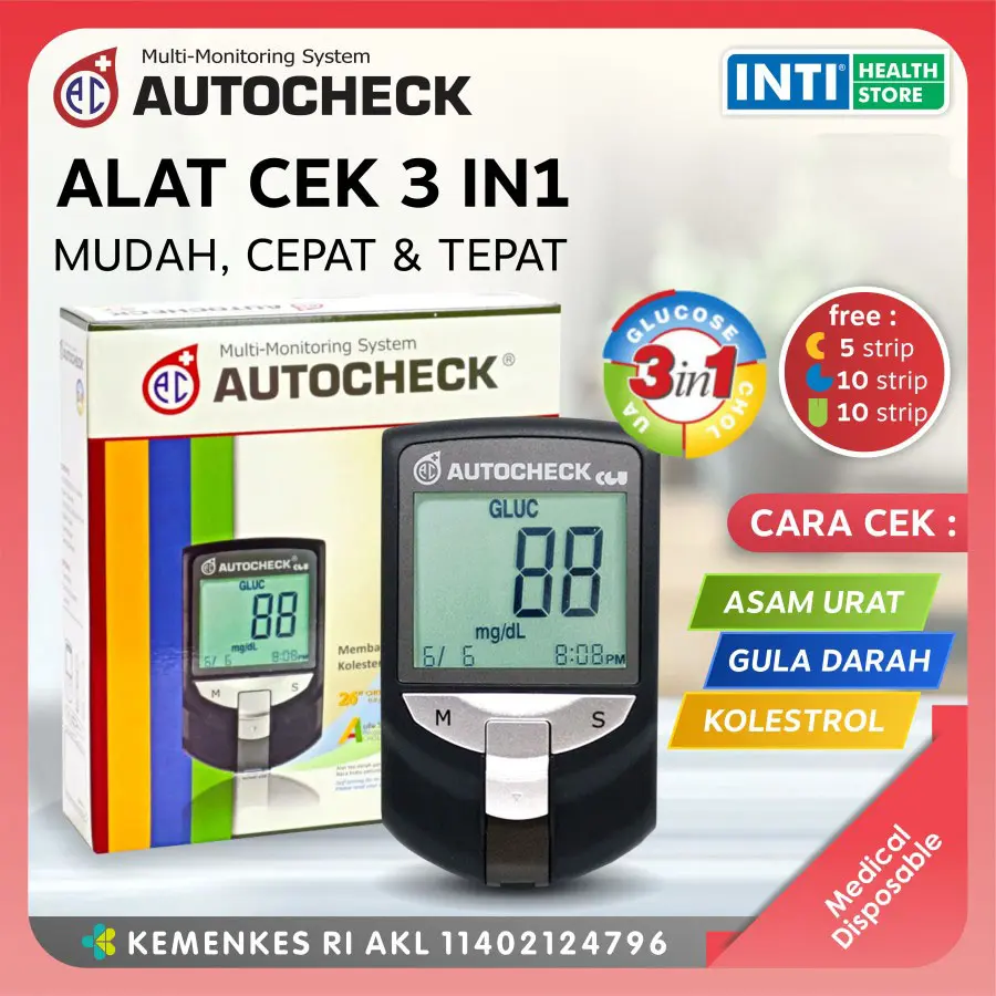 Autocheck | Alat Autocheck GCU 3 in 1 | Gula / Kolesterol / Asam Urat