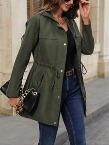 Women's Solid Drawstring Button Front Hooded Trench Coat, Casual Long Sleeve Zipper Pocket Coat for Daily Outdoor Wear, Ladies Clothes for All Seasons