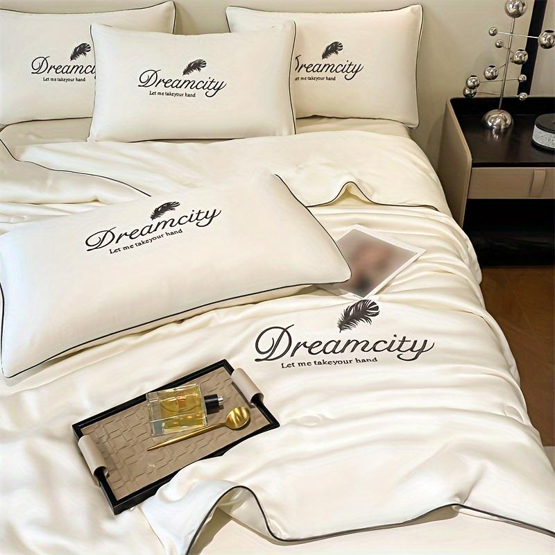 Product Introduction of 1 Piece Dreamy Summer Light Quilt - Soft, Light Beige Friendly 100% Microfiber, Designed with Gold Leaves and "DREAMCITY" Words, Gray with Gold Accents, Machine Washable, Pillowcase and Bed Sheet Not Included, Summer Bedding | Fantasy-themed Decoration | 8
