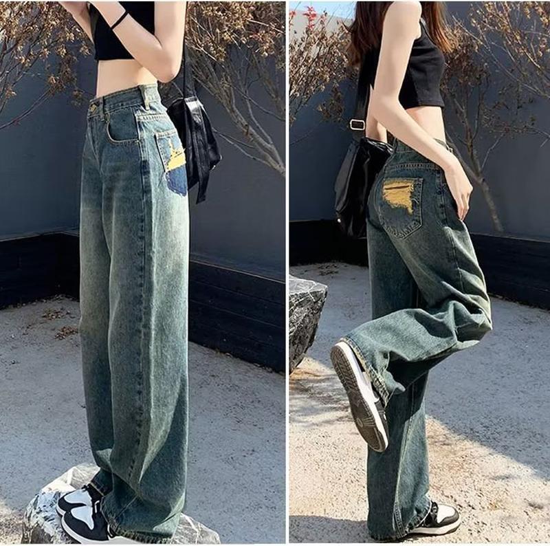 Quần Jean Nữ Lưng Cao Ống Suông Thiết Kế Túi Rách Sau Phong Cách Hugo Bassic