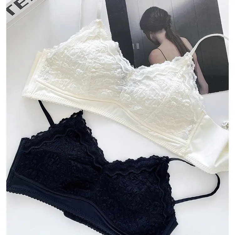 French Triangle Cup Underwear Women's Big Chest Small Non-Running Cup Anti-SAG Push up Seamless Wireless Bra Bra mesh  bralette half  cup
