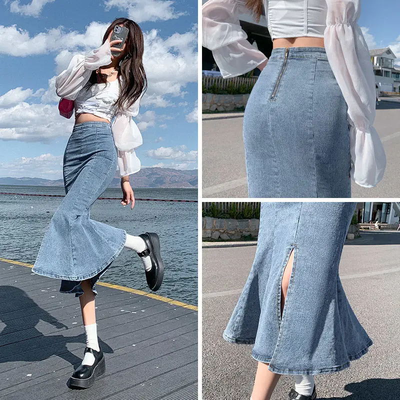 Chân Váy Đuôi Cá, Chất Liệu Denim Co Giãn, Có Khe Hở, Chân Váy Bodycon Dài Trung Bình Dành Cho Phụ Nữ Nhỏ, Hàng Mới Về Năm 2023