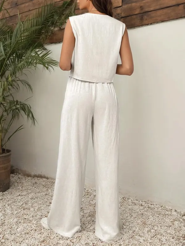 YOZY V Neck Vest & Elastic Waist Pants Set, Button Front Casual Sleeveless Top & Wide Leg Trousers, 2024 Women's Wear for Spring & Summer & Autumn, XS-XXl, Tops That Hide Stomach, Clothing 8