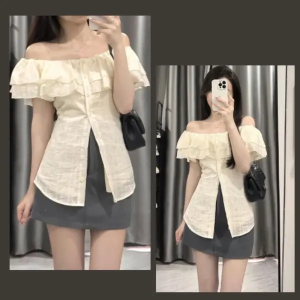 Áo Trễ Vai Phối Bèo Tay Ngắn Chiết Eo sẵn ( ko dây buộc)  , Áo Sơmi Kiểu Nữ Cộc Tay Trễ Vai Siêu nữ tính ( có bigsize)