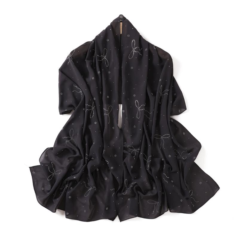 Product Introduction of High-End Heavy Craft Bowknot Rhinestone Solid Color Chiffon Long Scarf Full Rhinestone Shawl Headscarf Cape Scarf Silk Scarf for Women 21