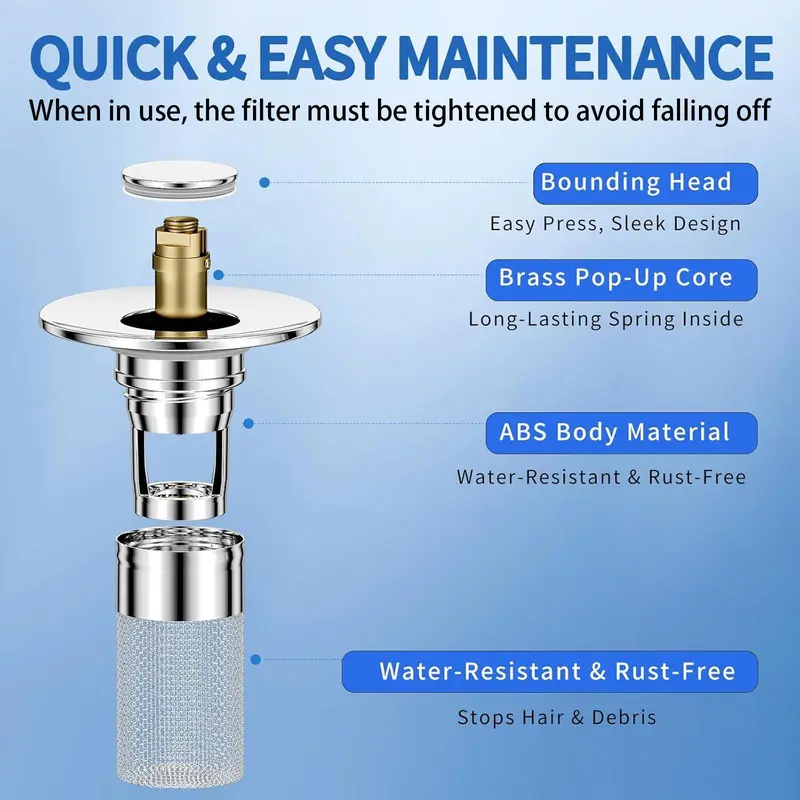 Stainless Steel Bathroom Sink Stopper, 1 Count Anti-odor Basin Bouncing Core, Sink Drain Stopper for Bathroom Bathtub, Bathroom Accessories 2