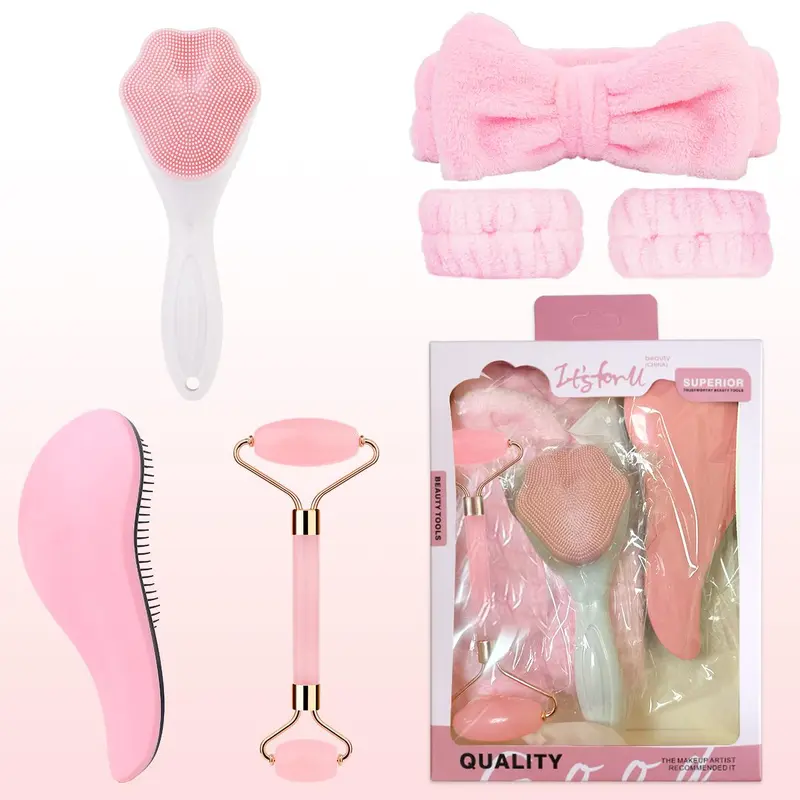 Facial Massage Tool Set, 6 Counts/set Double-ended Roller Massager & Hair Band & Wristband & Long Handle Comb & Silicone Scrubber, Skin Care Tool for Women 0