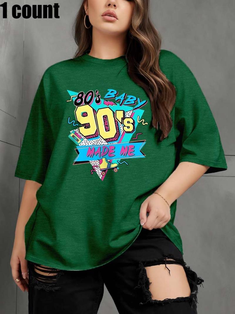 Product Introduction of Plus Size 80s & 90s Made Me Letter Print Round Neck Tee, Casual Short Sleeve Crew Neck T-shirt for Summer, Women's Plus Clothing for Daily Wear 5