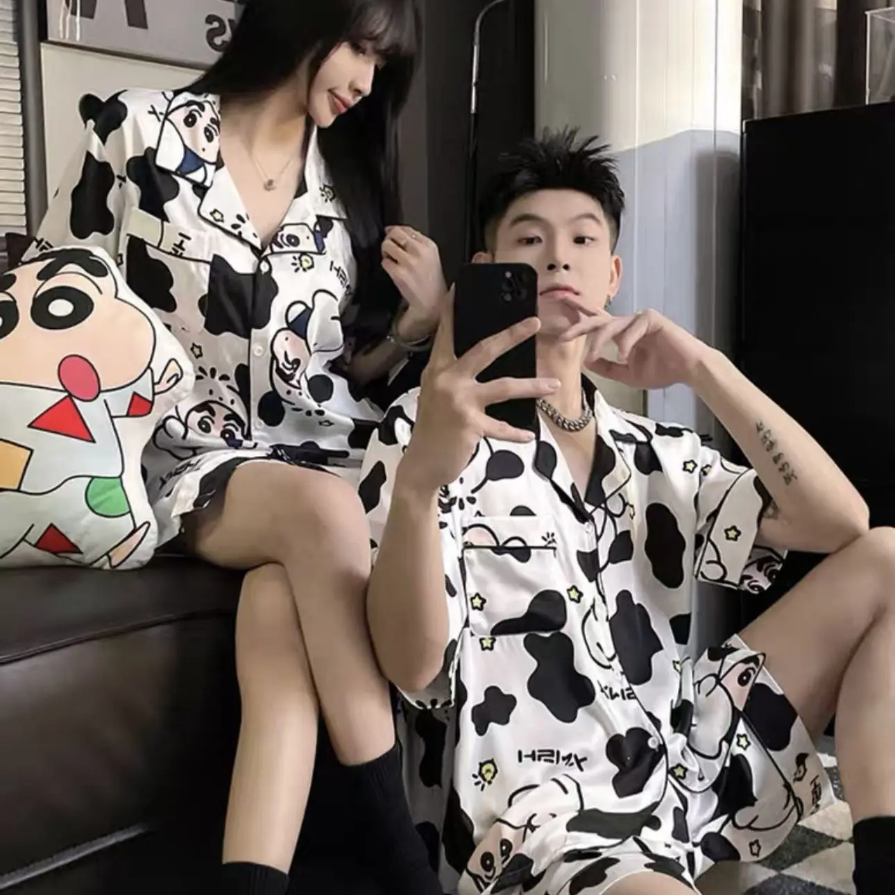 Couple Pajamas Women's Ice Silk Summer Short Sleeve Cute Cartoon Net Red Wind 2024 New Men's Summer Two-Piece Set