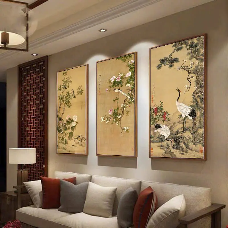 Tranh canvas Tùng Hạc diên niên nền cổ decor nhà khung composit vân gỗ cao 3,4 cm tranh 70x70