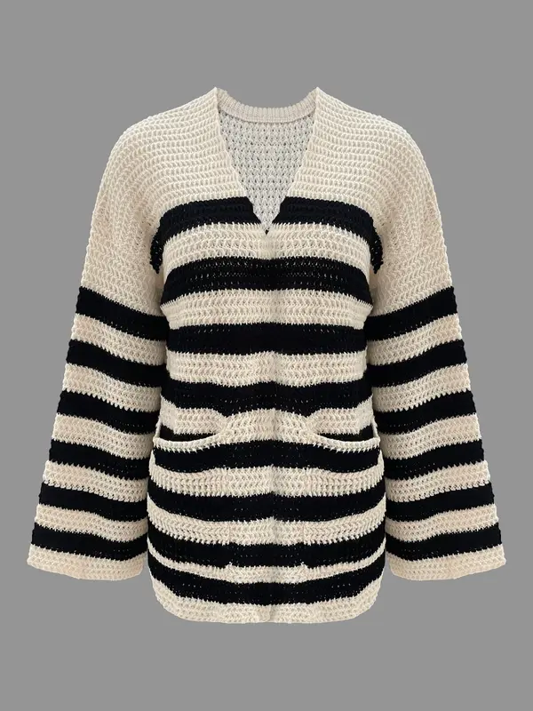 Women's Striped Print Drop Shoulder Pocket Sweater Cardigan, Casual Long Sleeve  Knitwear for Fall & Winter, Fashion Women's Knit Clothing for Daily Wear 2