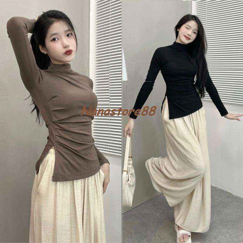 Áo thun nữ dài tay cổ 3 phân nhún sườn xẻ tà, áo thun nữ dài tay Bigsize 222T Cổ Tròn