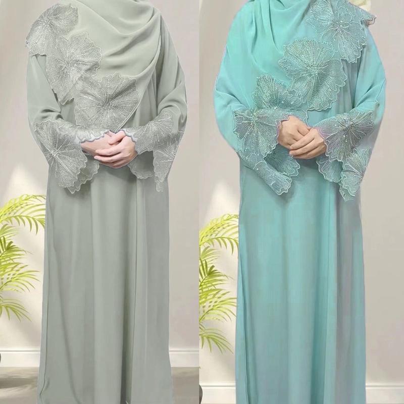 Product Introduction of 2023 Four-Color Middle Eastern Foreign Trade Cross-Border Women's Clothing Ladies' Long Robe Malay Indonesian Dress with Headscarf 2