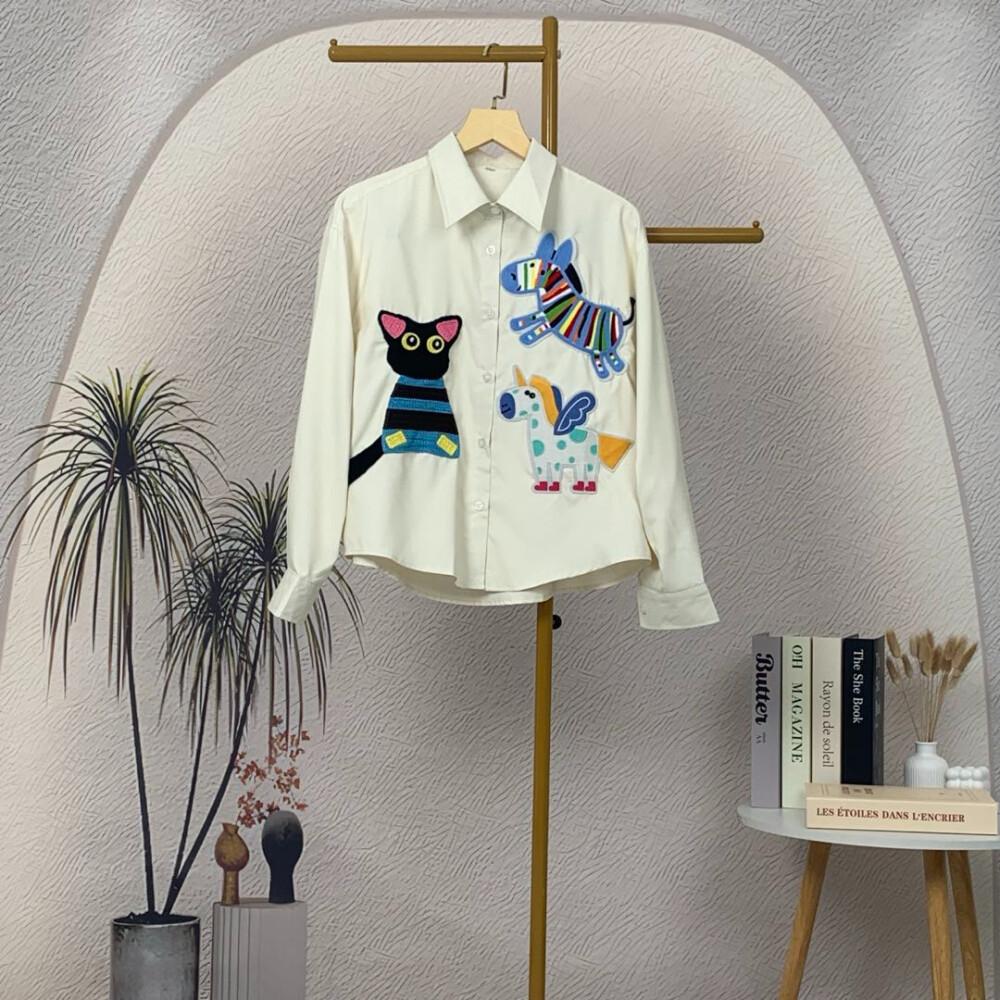 [ready stock]CHICMORE Kemeja Wanita Longgar Lengan Panjang Warna Solid Bordir Motif Lucu