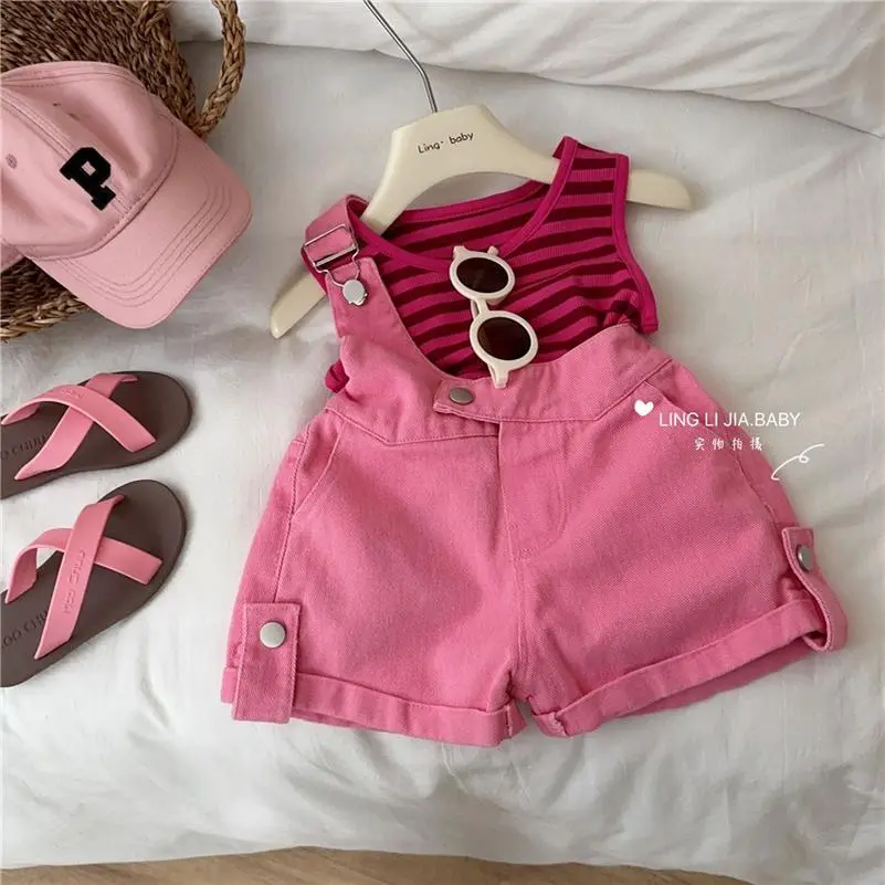 Girls' Denim Suspender Pants Suit New Children's Baby Summer Clothing Striped Vest Suspender Shorts Two-Piece Set