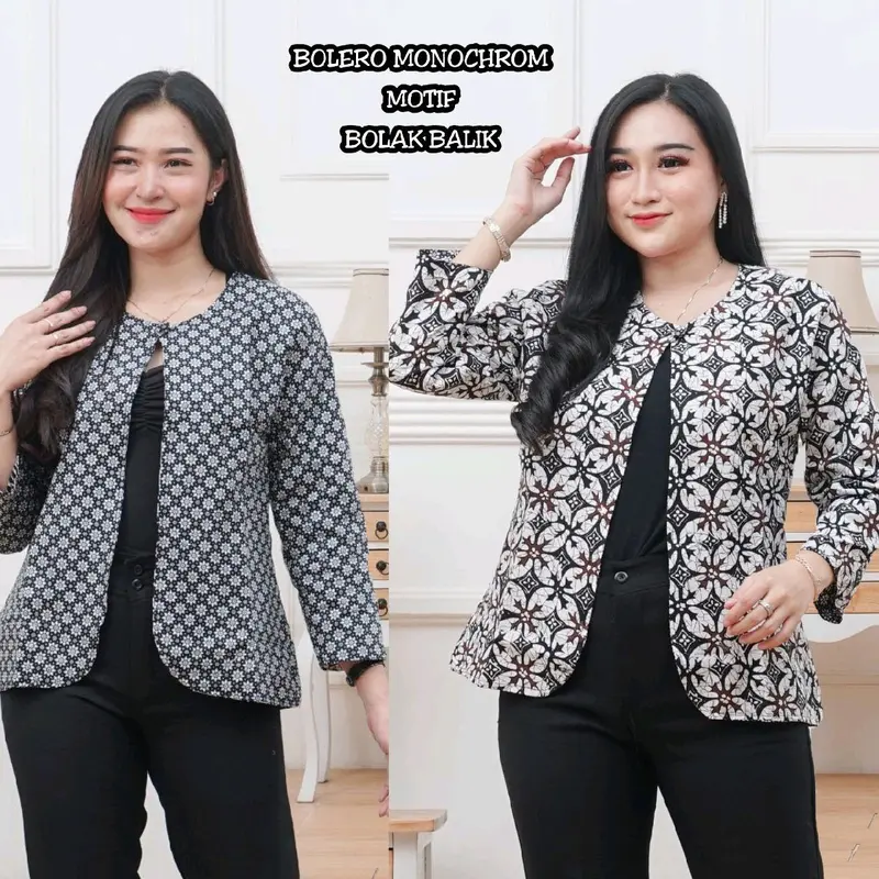 Outer Wanita Blezer Kerja Batik Bolak Balik 2 Motif 2 in 1 Real Pict Kancing Blazer Atasan Hitam Casual Kotak Panjang Baju 4