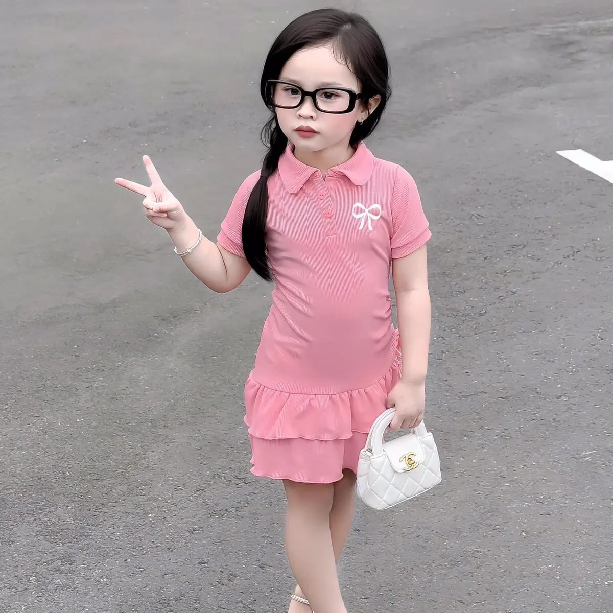 Váy body nơ 2 màu hồng và đen cho bé Gái chất liệu tăm mềm mát đủ sz 8-35kg KEM
