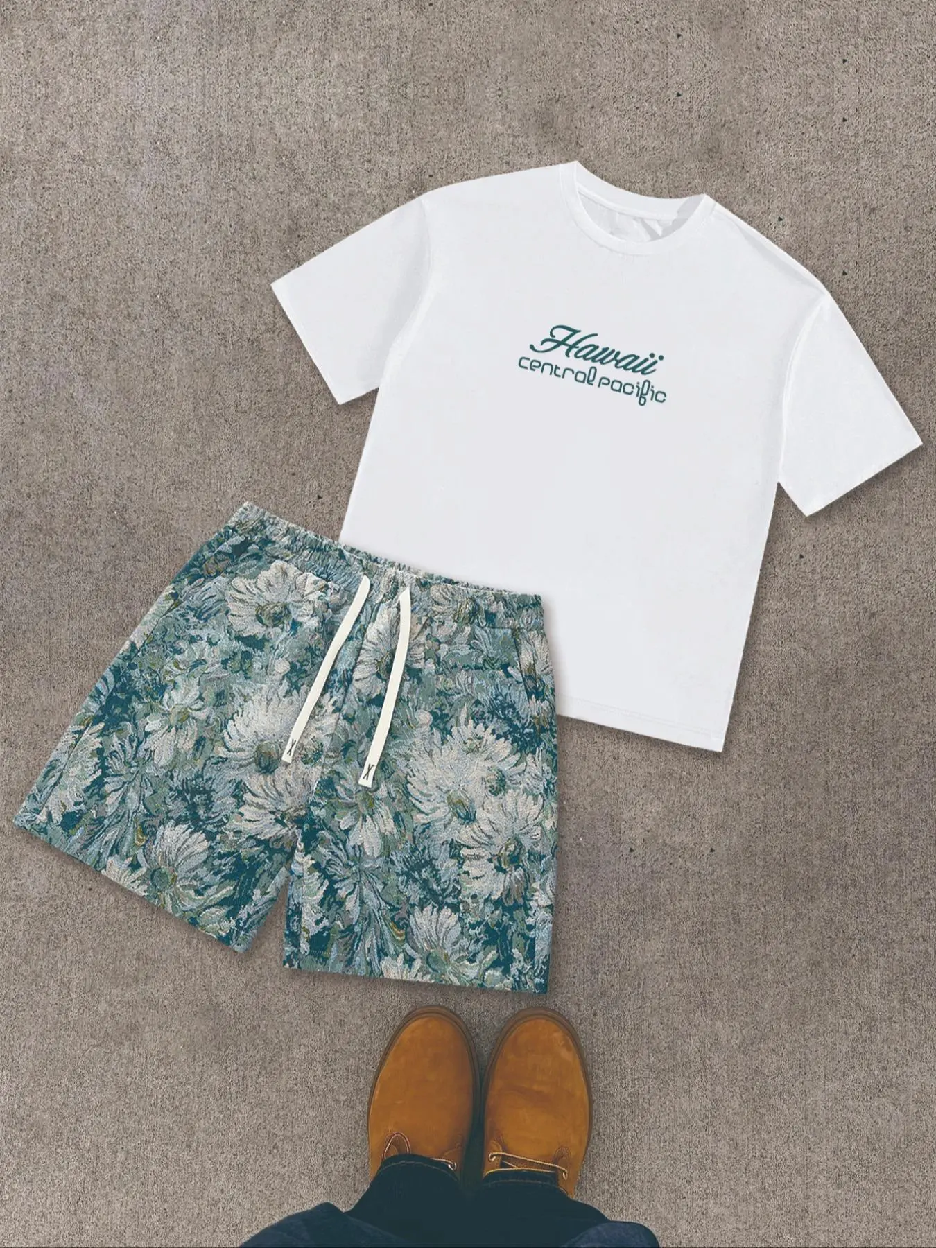 Men's Floral Print Short Sleeve T-shirt & Drawstring Waist Shorts Set, Regular Fit Casual Round Neck Tee & Shorts, Men's Two-piece for All Seasons