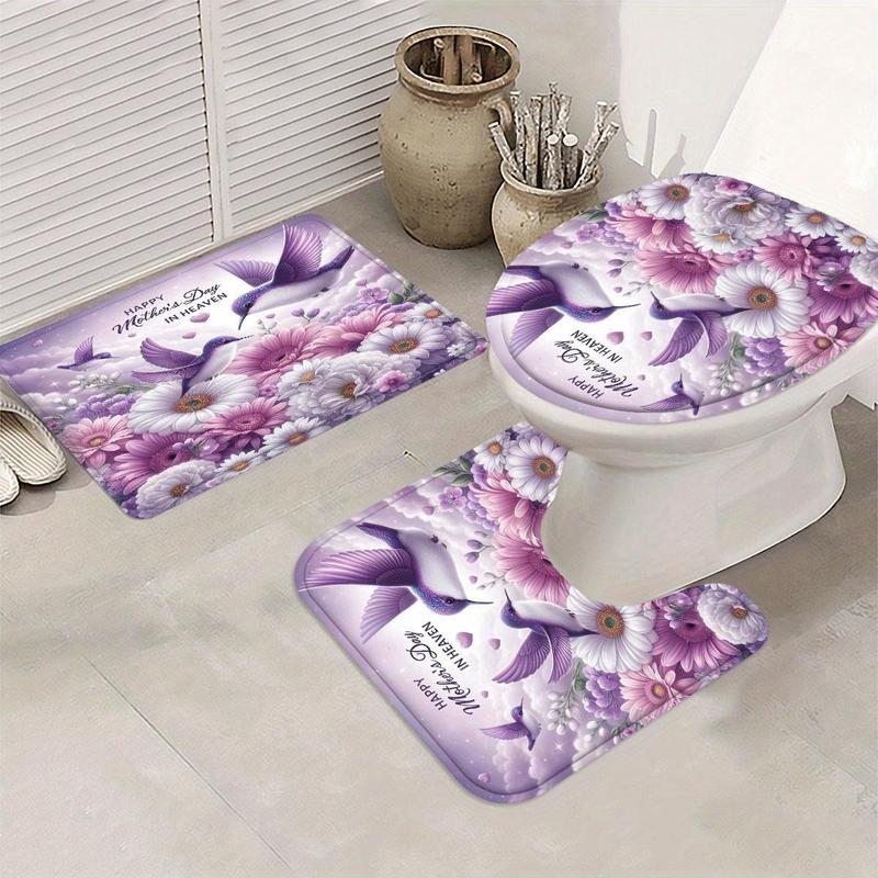 Product Introduction of Flower Pattern Bathroom Decorations, 4 Counts/set Including Shower Curtain & Toilet Lid Cover & Mat & U-shaped Mat, Bathroom Decor Supplies 3