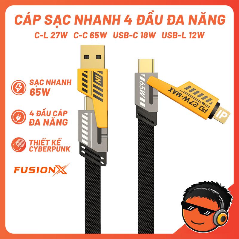Cáp Sạc Nhanh Đa Năng 4 in 1 - Sạc Siêu Nhanh C-L, C-C, USB-C, USB-L Tối Đa 65W, Dây Bọc Dù Đầu Cáp Kim Loại, Cáp Sạc Điện Thoại IP, Android, Cáp Sạc Nhanh Đa Năng  | Cáp 4 Trong 1 FUSION-X