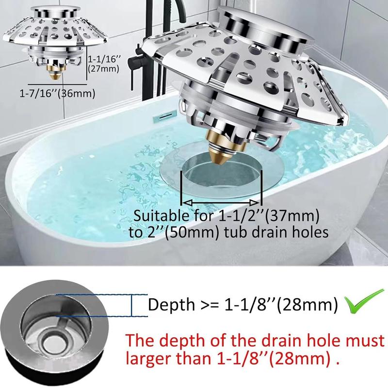 Bathroom Sink Drain Stopper, 3-in-1 Pop Up Tub Drain Hair Catcher, Drain Cover with Strainer for 1-3/8 To 2in Bath Drain Hole 1