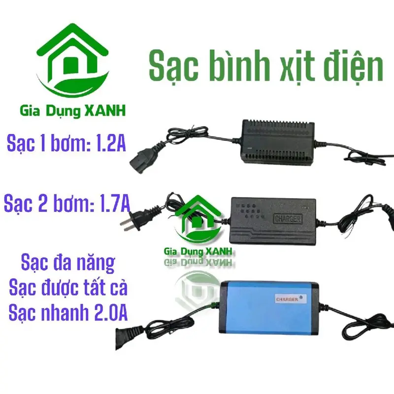 Sạc Bình xịt điện 12V. dòng 1.3A sach cho bình 1 bơm, 1.7A sạc cho bình 2 bơm, sạc đa năng 2.0A dùng được cho cả bình 1 bơm và bình 2 bơm. 0
