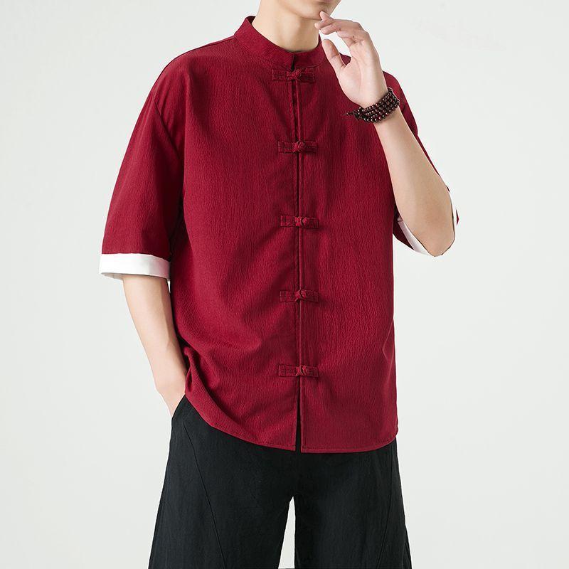 Product Introduction of Men's Shirt, Tang Suit Shirt, Chinese Style, Tai Chi Clothing, Kung Fu Clothing, Linen Thin Stand Collar Buttoned Zhongshan Suit Menswear Top chinese man red shirt chinese fashion outfit Lingerie Beige 29