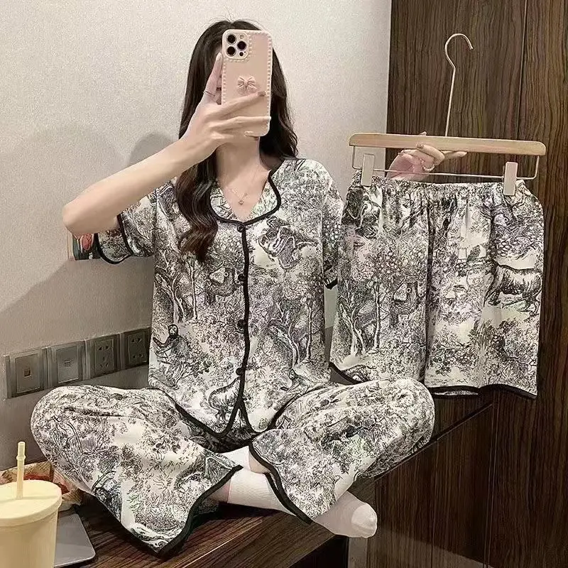 New Fashion Pajamas Loungewear for Women Summer High-Quality Internet Celebrity Three-Piece Set Short Sleeve Sweet Homewear