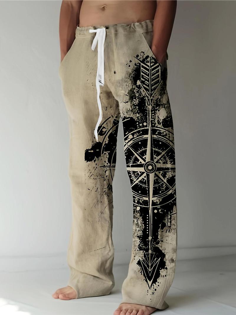 Product Introduction of Men's Regular Fit Compass Print Drawstring Waist Pants, Casual Pocket Pants for Outdoor Daily Wear, Fashion Men's Bottoms for All Seasons 1
