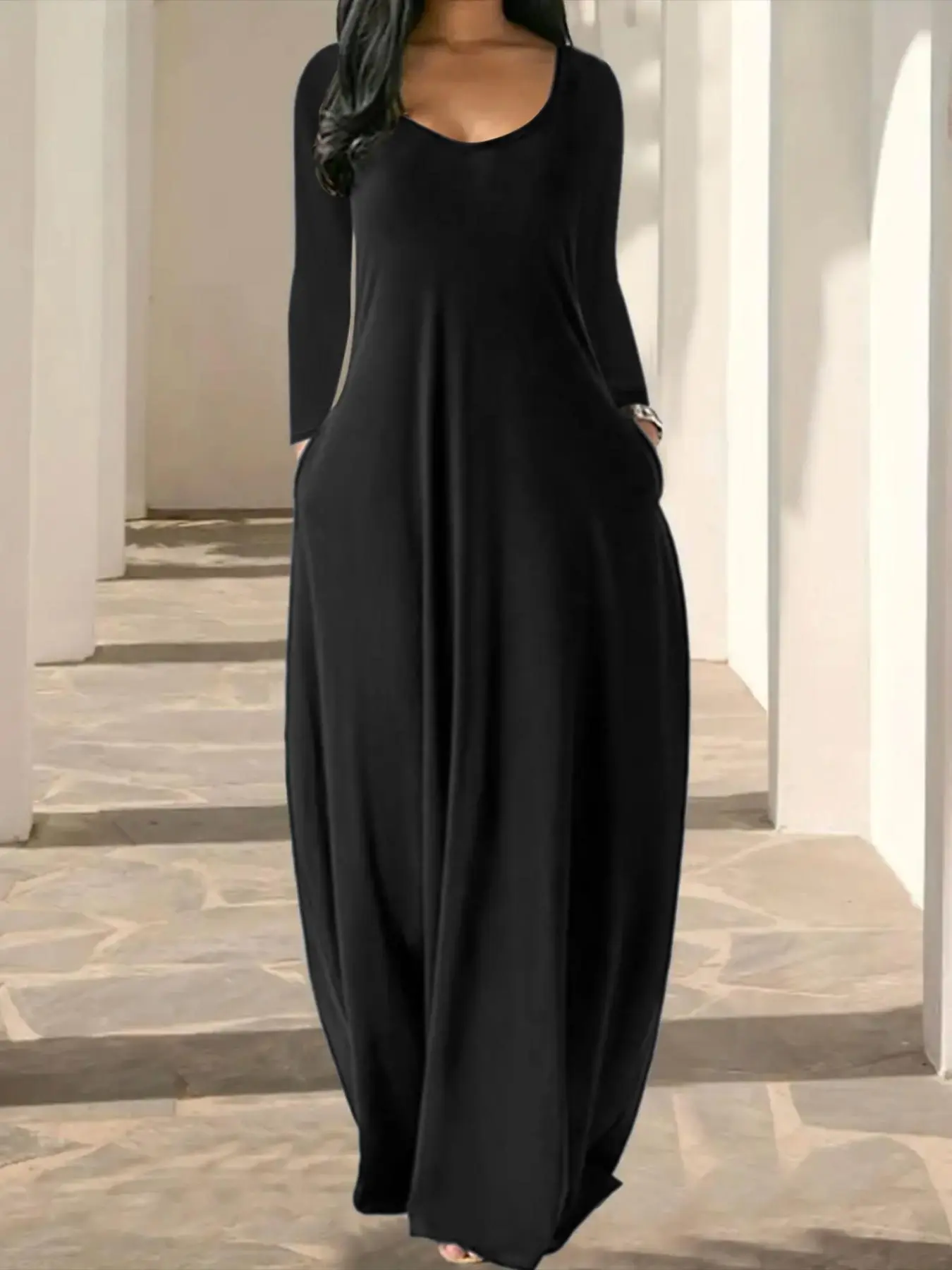 Women's Solid Color Pocket Lounge Dress, Casual Comfy Long Sleeve Dress for Daily Wear, Ladies Sleepwear for All Seasons