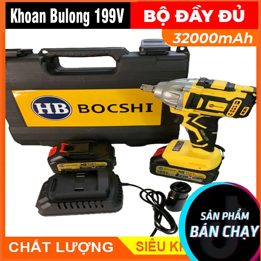 Máy siết bulong bocshi 199v dùng pin 10 cell công suất cao 199v lực siết 360Nm - Động cơ không chổi than mạnh mẽ tặng kèm 2 pin