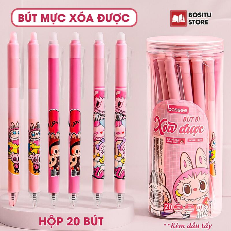  Bút gel xóa được Hộp 20 bút mực xanh  tím ngòi ST 0.5mm - Họa tiết Labubu Capybara Shin Naruto Chiikawa _ Bositu Store 