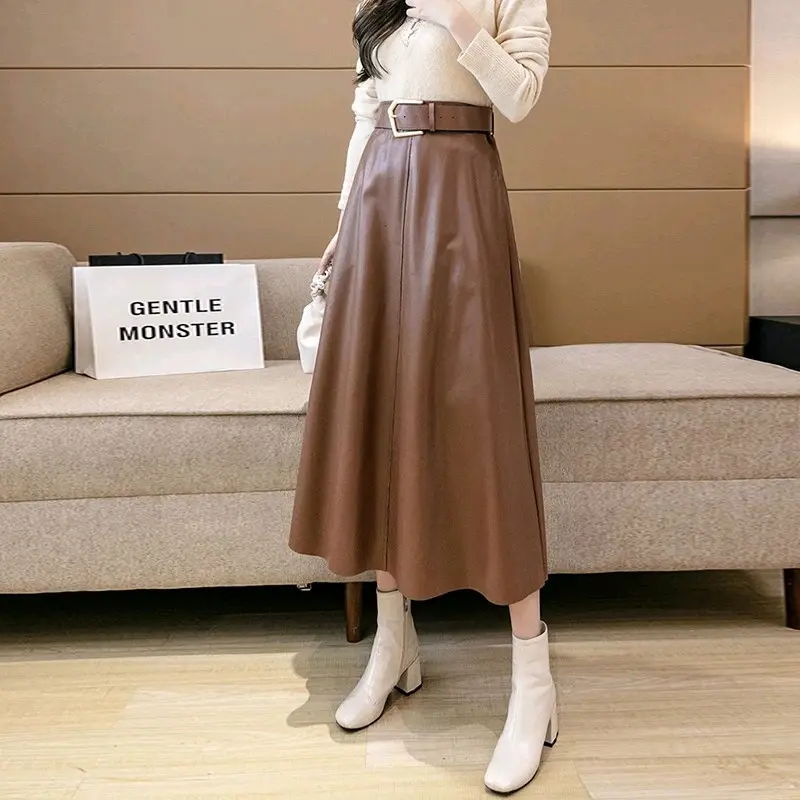 Rok semi kulit Rempel rok wanita panjang pinggang karet highwaist terbaru 1