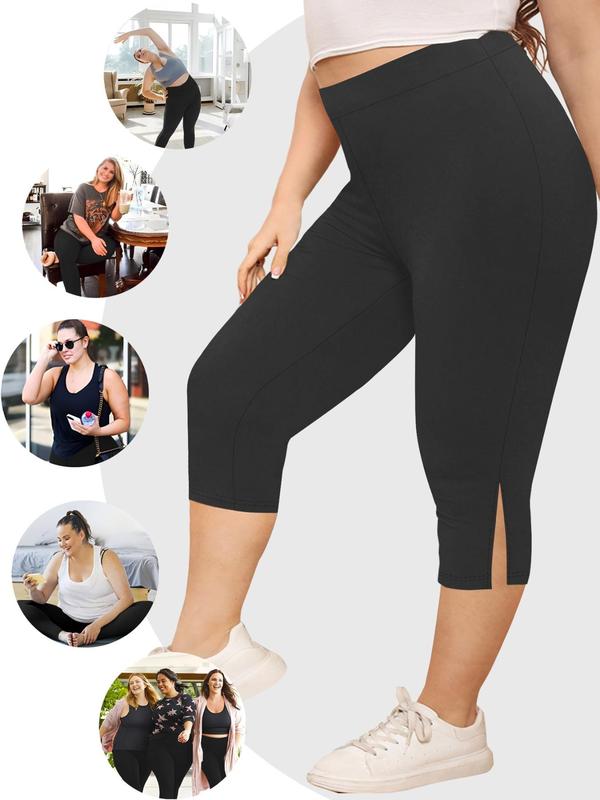 Plus Size Split Hem High Waist Capris Leggings, Casual Comfy Breathable Skinny Capris Pants for Yoga Gym Workout, Women's Bottoms for Summer, Summer Clothes, Womenswear 5
