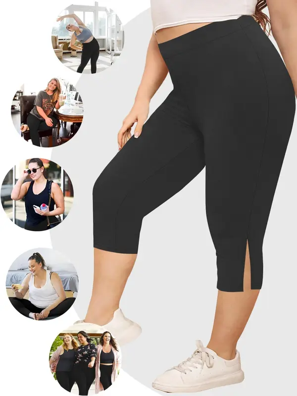 Plus Size Split Hem High Waist Capris Leggings, Casual Comfy Breathable Skinny Capris Pants for Yoga Gym Workout, Women's Bottoms for Summer, Summer Clothes, Womenswear 5