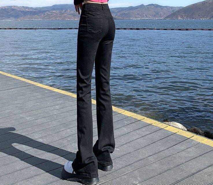 Product Introduction of Jeans Hitam Berkobar Mikro Ukuran Besar untuk Wanita, Jeans Pinggang Tinggi, Pelangsing, Menutupi Lantai, Celana Melar Melebar/812 23