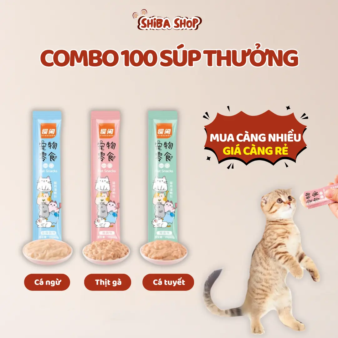 Combo 100 thanh Súp Thưởng Cho Mèo Shizuka - Mix vị Gà, Cá ngừ, Cá tuyết - Trọng lượng 15g