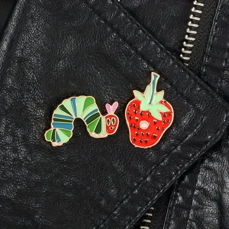 Caterpillar & Strawberry Design Metal Brooch (2 Counts), Cute Cartoon Badge for Clothes Backpack Hat, Enamel Pin Suitable for Backpacks, Jeans, Scarves, Hats Decoration Fixed Buckle, for Summer Clothes,  Teenage Girl Gifts 4