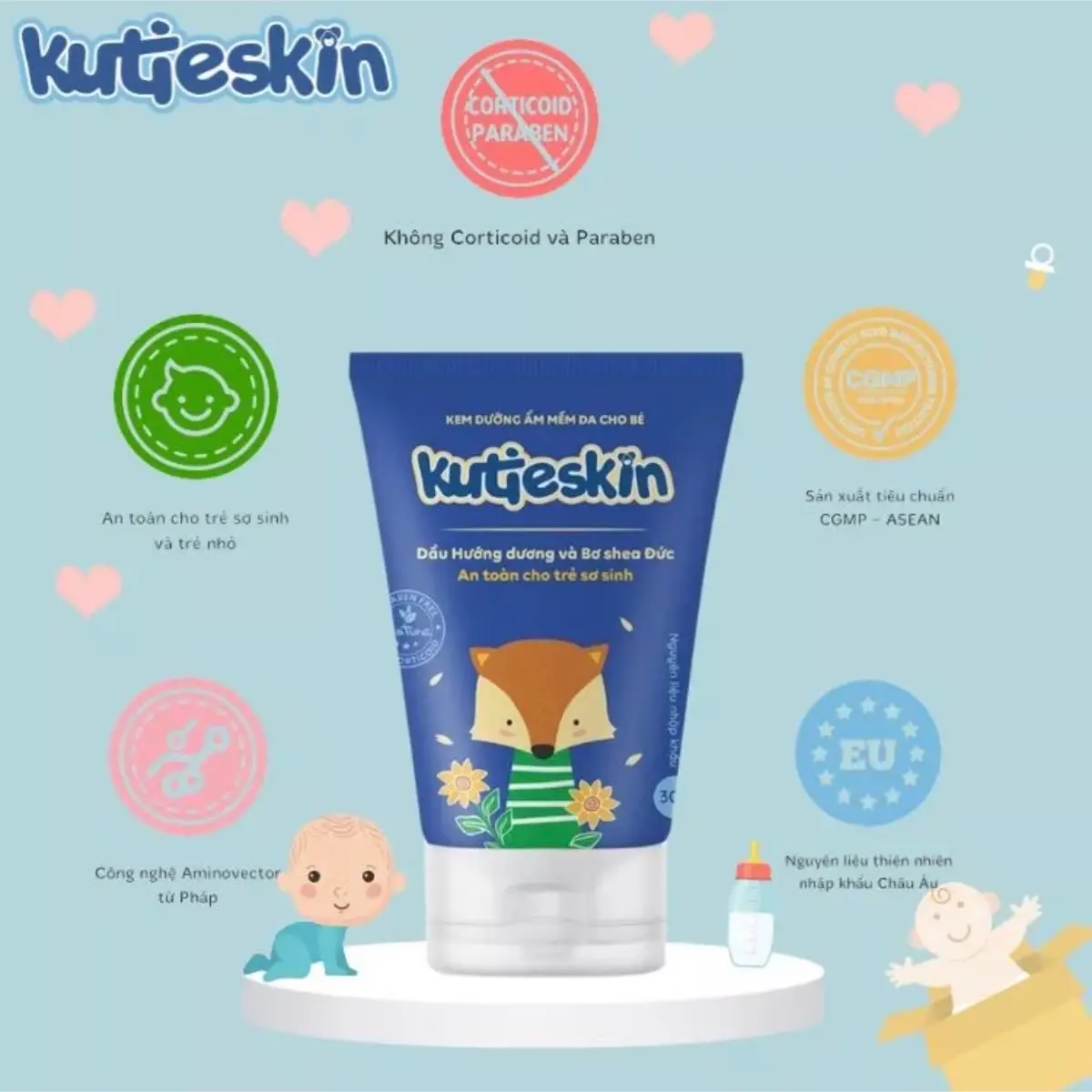 KUTIESKIN Kem bôi dưỡng ẩm mềm da cho trẻ sơ sinh và trẻ nhỏ, dầu hướng dương, bơ shea đức, tuýp 30g_ CHÍNH HÃNG