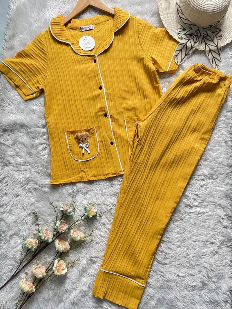 Product Introduction of Bộ Ngủ Đồ Bộ Pyjama Cổ Vets Quần Dài Aó Hai Túi Gấu Vải Đũi Gân Mềm Nhẹ Nhung Voi Nữ Women 6
